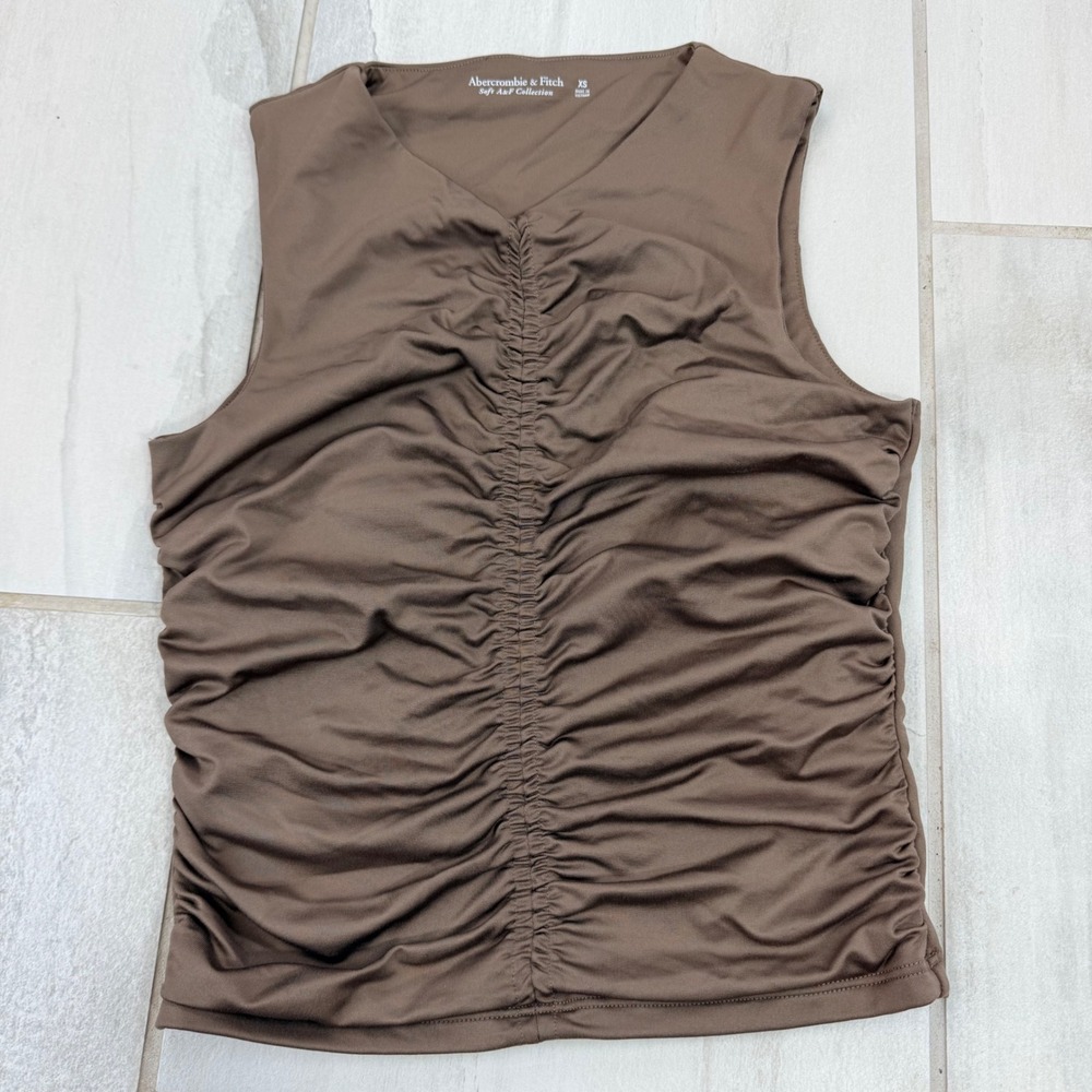 Abercrombie & Fitch Soft A&F Collection Ruched V-Neck Sleeveless Top Brown XS